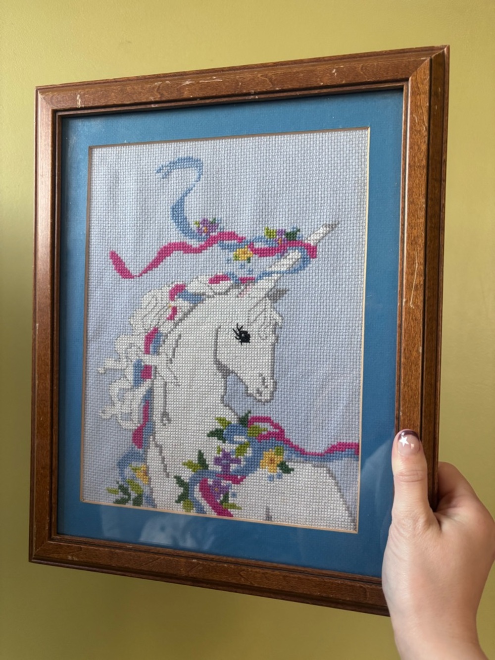 Framed White Unicorn Cross-Stitch with Pink & Blue Accents